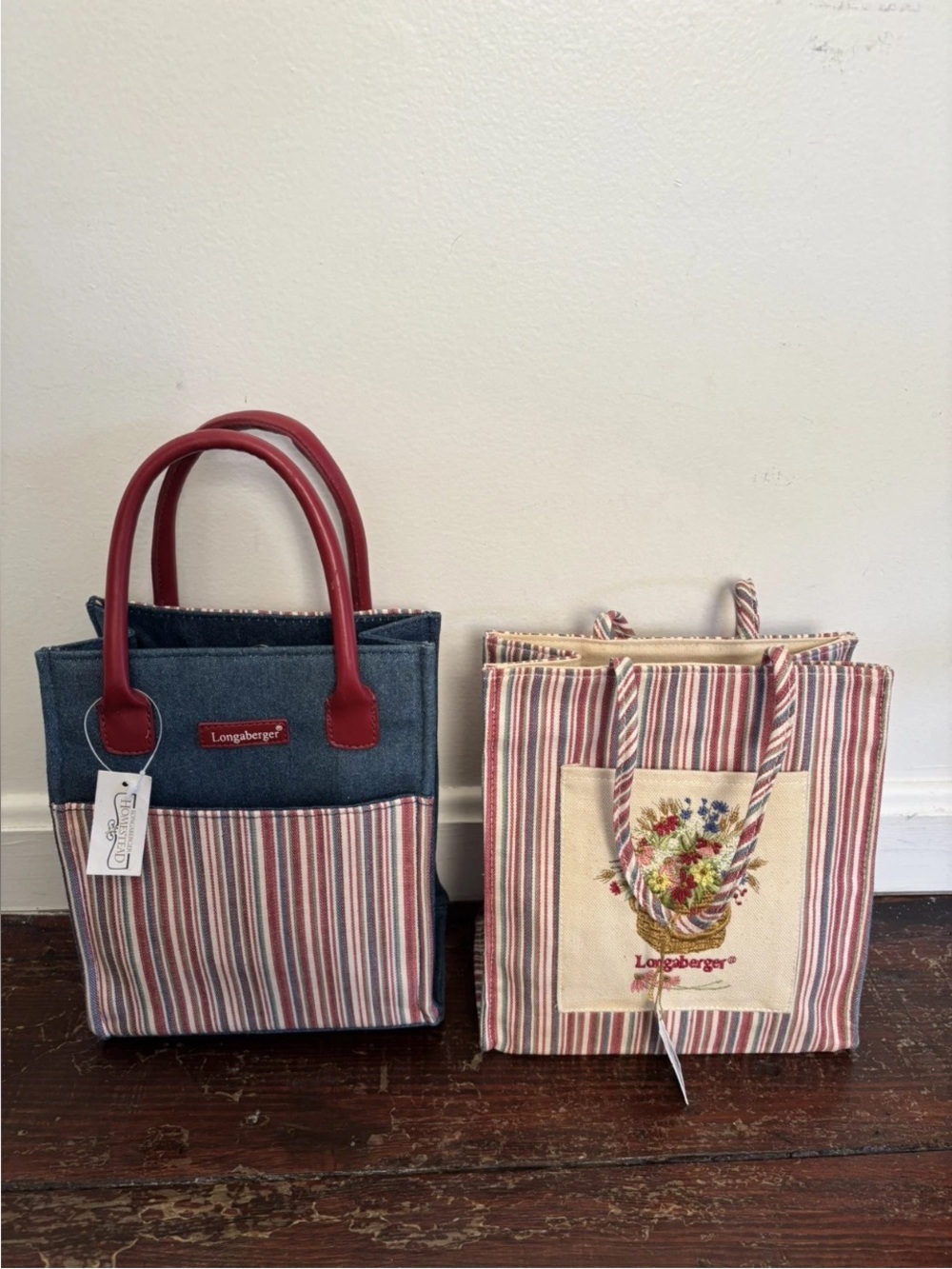 Longaberger 2 Homestead Market Stripe Totes